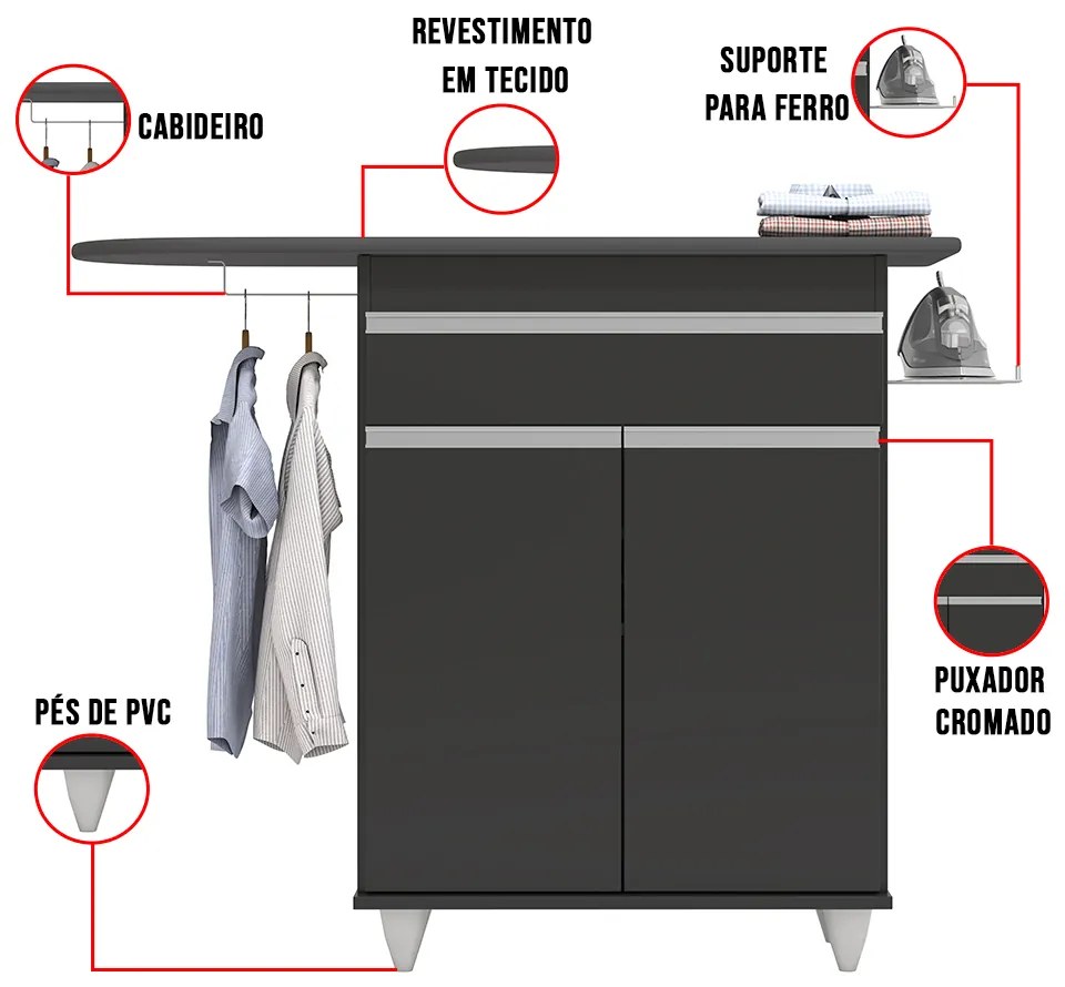 Tábua de Passar com Balcão 02 Portas Alice 119 cm L06 - D'Rossi - Preto