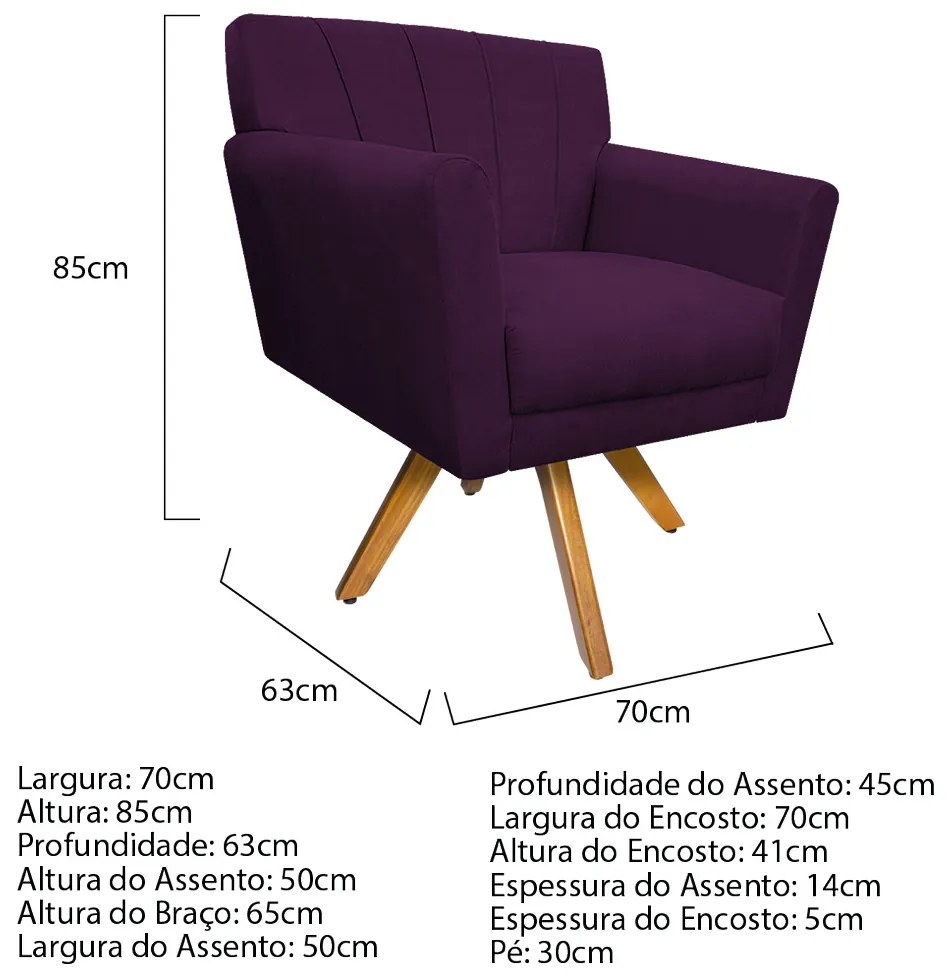 Poltrona Laura Base Giratória de Madeira Suede Roxo - ADJ Decor