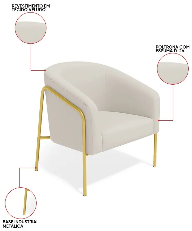 Poltrona Sala Industrial Alta Dourado Kit 2 Stella Veludo D03 - D'Rossi - Cinza