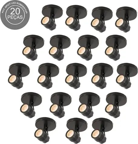 Kit 20 Spots Sobrepor Direcionável Abs Preto LED 6W IP65