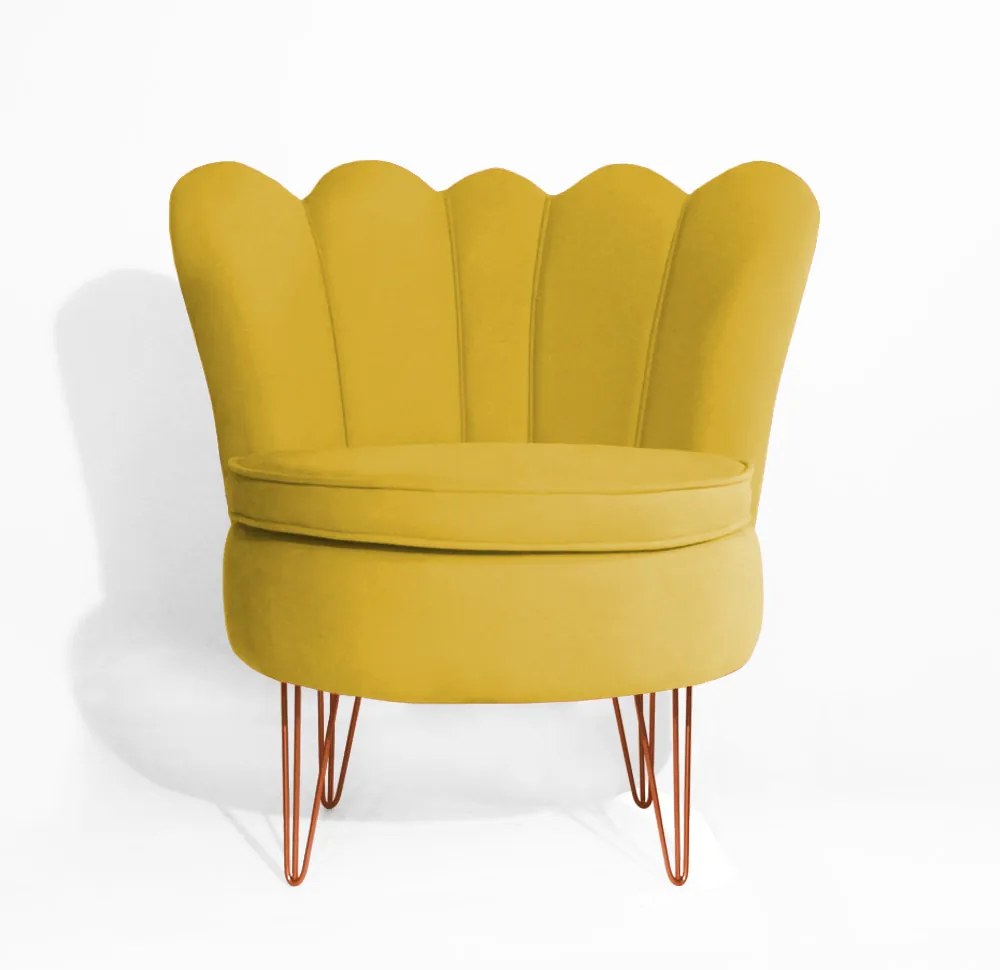Conjunto 2 Poltrona Dália com Puff Chloe Pés Hairpin Legs Bronze Veludo Amarelo