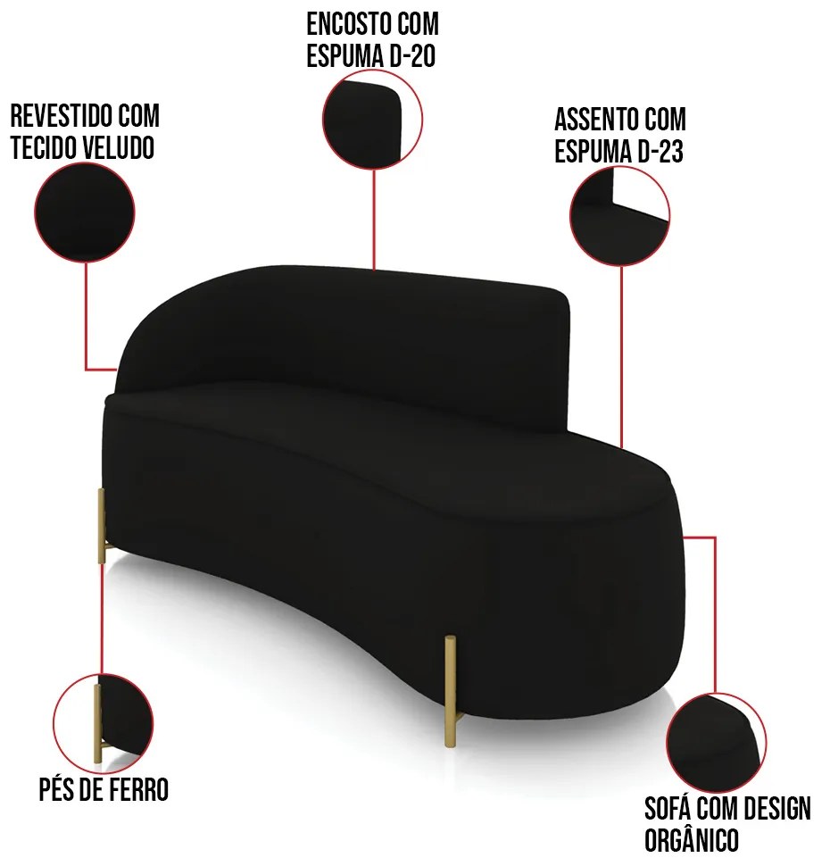Sofá 3 Lugares Orgânico 180cm Pé em Aço Dourado Morgan Veludo D03 - D'Rossi - Preto