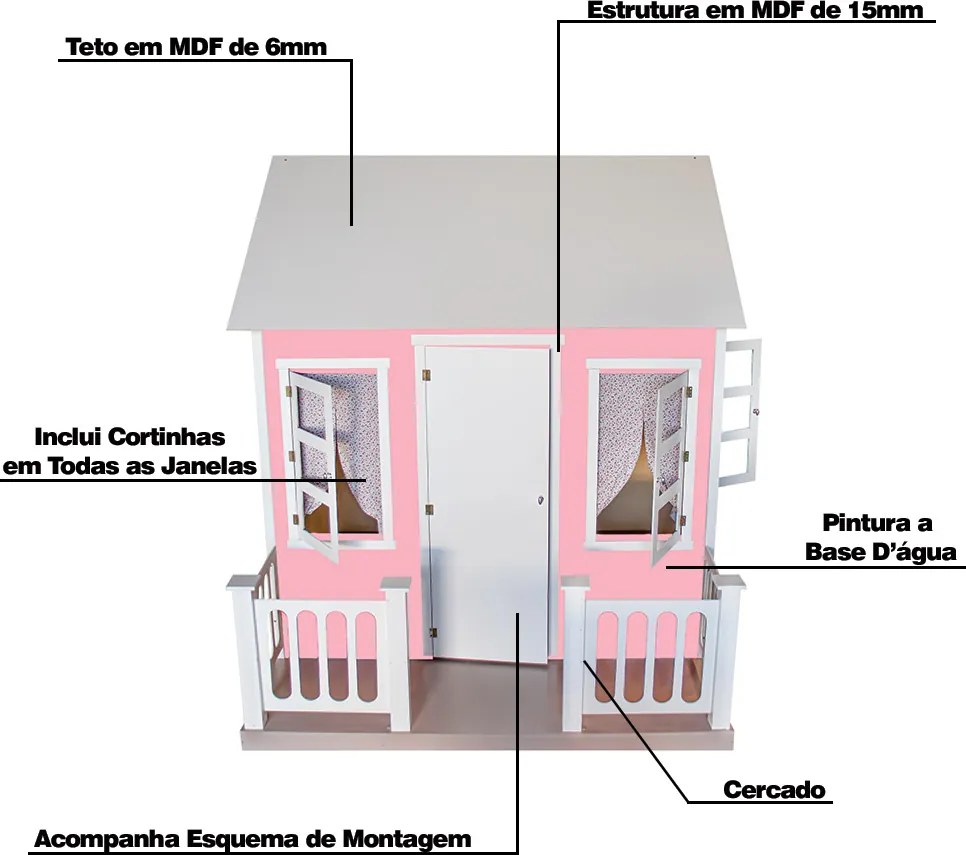Casinha de Brinquedo com Cercado e Cortinas Rosa/Branco L12 - Gran Belo