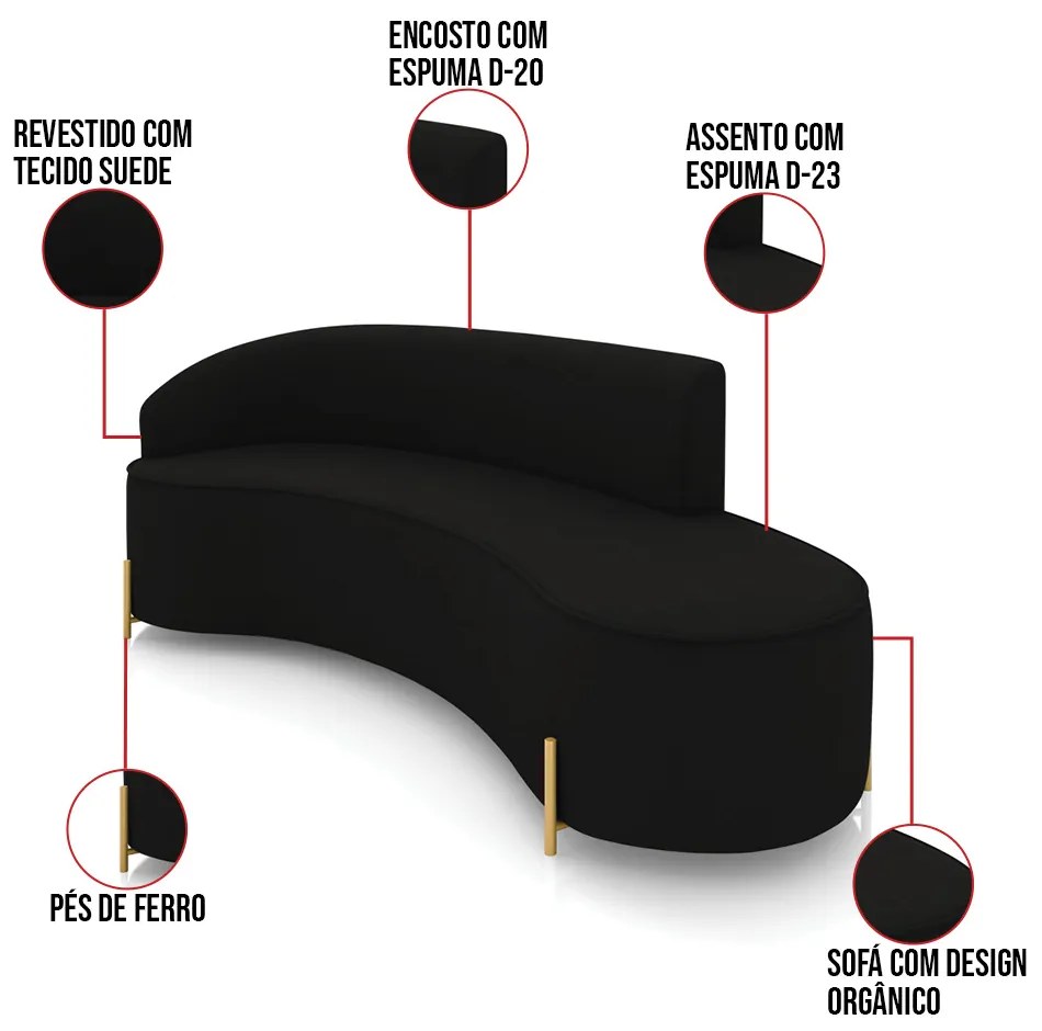 Sofá 4 Lugares Orgânico 220cm Pé Dourado Morgan Suede D03 - D'Rossi - Preto