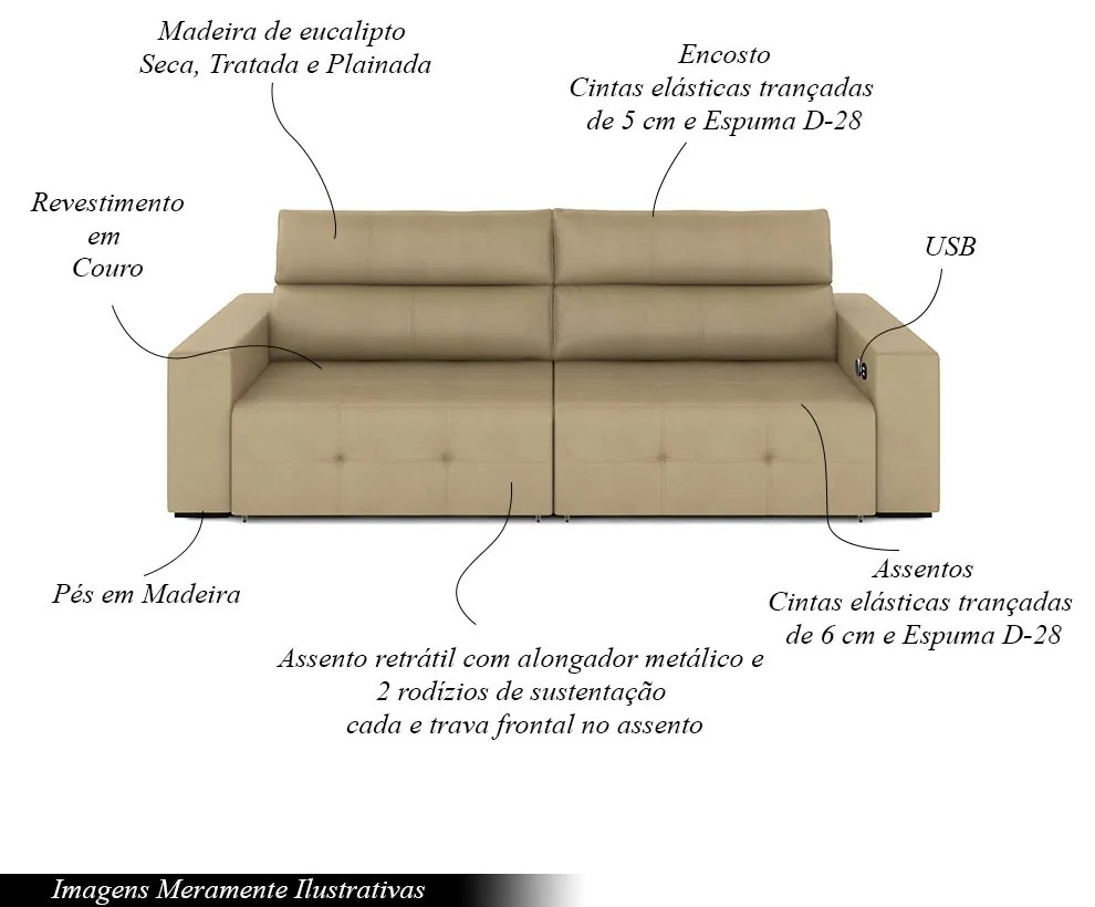 Sofá Retrátil 3 Lugares 204cm 2 Módulos Nero com USB Couro Bege G52 - Gran Belo