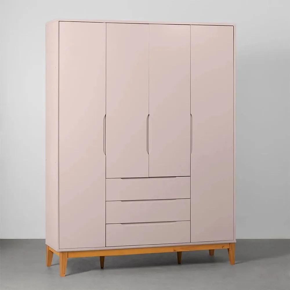 Guarda-Roupa Elfe 4 Portas e 3 Gavetas com Pés Square Mel - Rosa Fosco