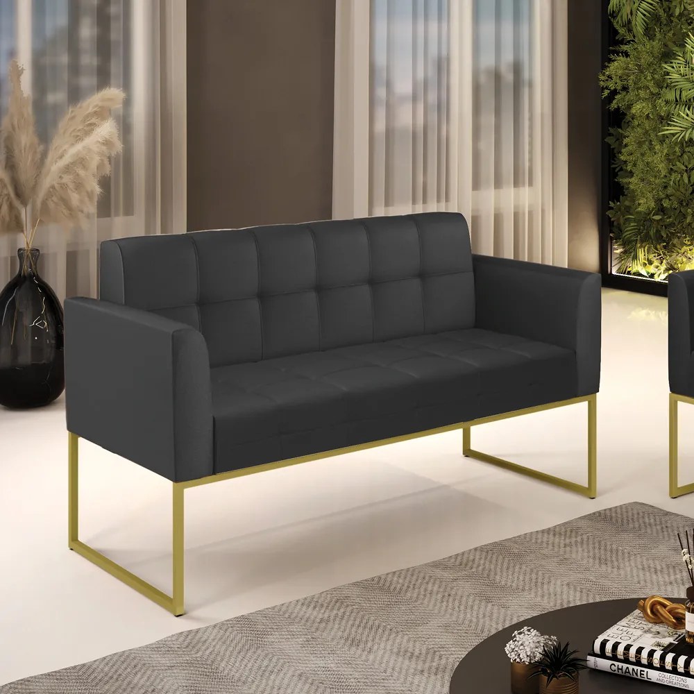 Sofá Namoradeira Elisa Corino Preto Base Metálica Industrial Dourado - D'Rossi