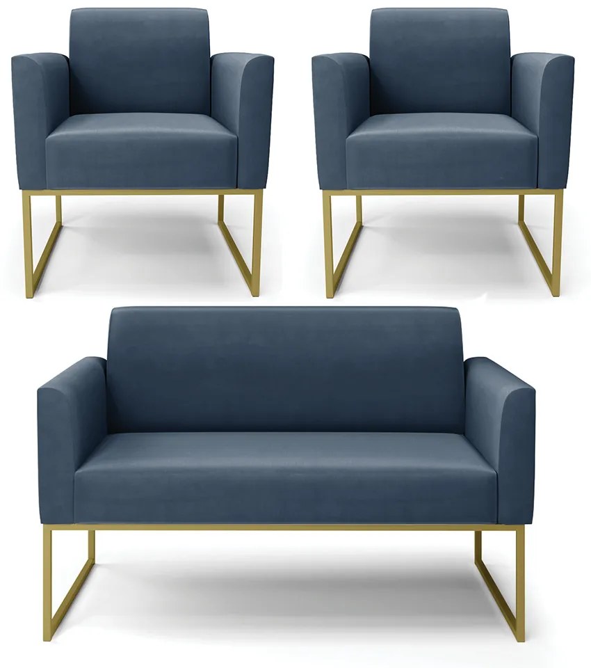 Sofá Namoradeira com 2 Poltronas Base Industrial Dourado Marisa Suede Azul Marinho D03 - D'Rossi