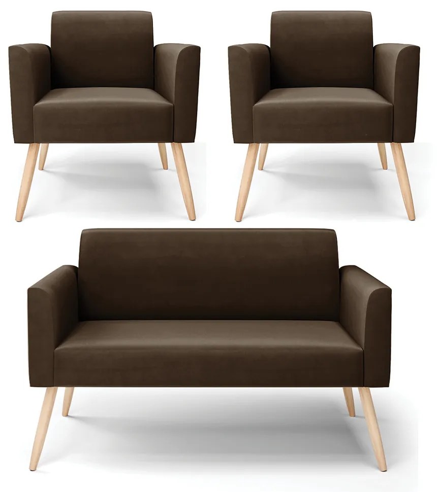 Sofá Namoradeira com 2 Poltronas Pés Palito Natural Marisa Suede D03 - D'Rossi - Marrom