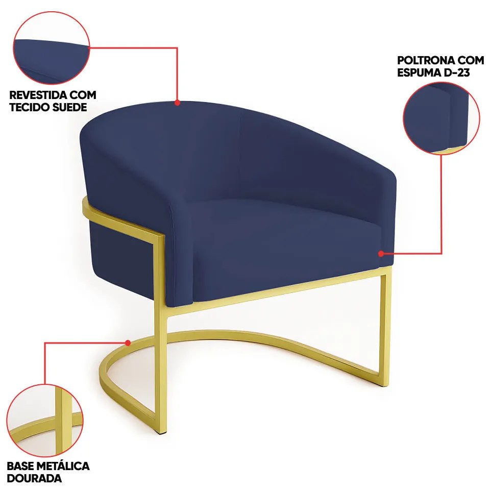 Poltrona Sala Decorativa Industrial Dourada Kit 2 Arielle Suede - Azul Marinho