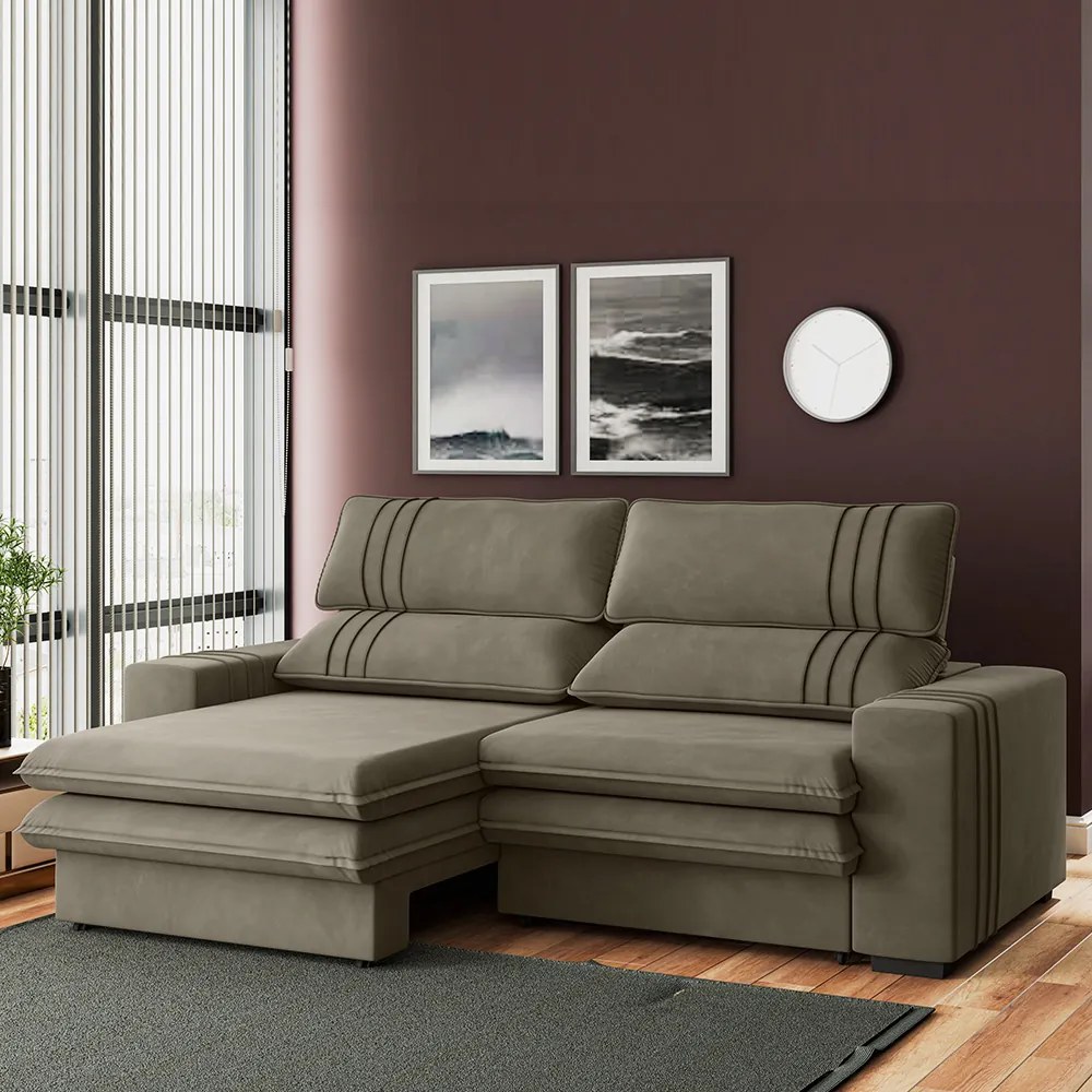 Sofá 2 Lugares Retrátil Noruega 230 cm Veludo Pés Tabaco - D'Rossi - Cappuccino