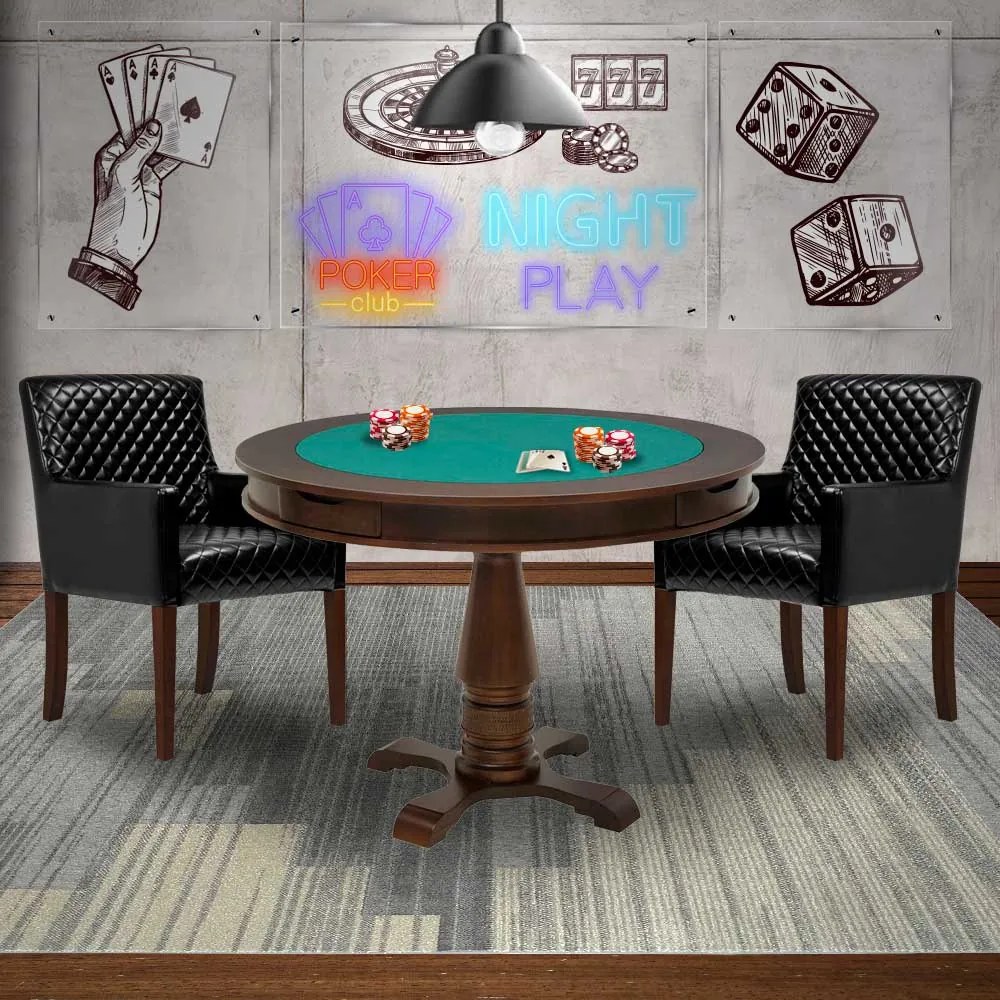 Mesa de Jogos Carteado Victoria Redonda Tampo Reversível Imbuia com 2 Cadeiras Liverpool PU Sintético Preto Matelassê G36 G15 - Gran Belo