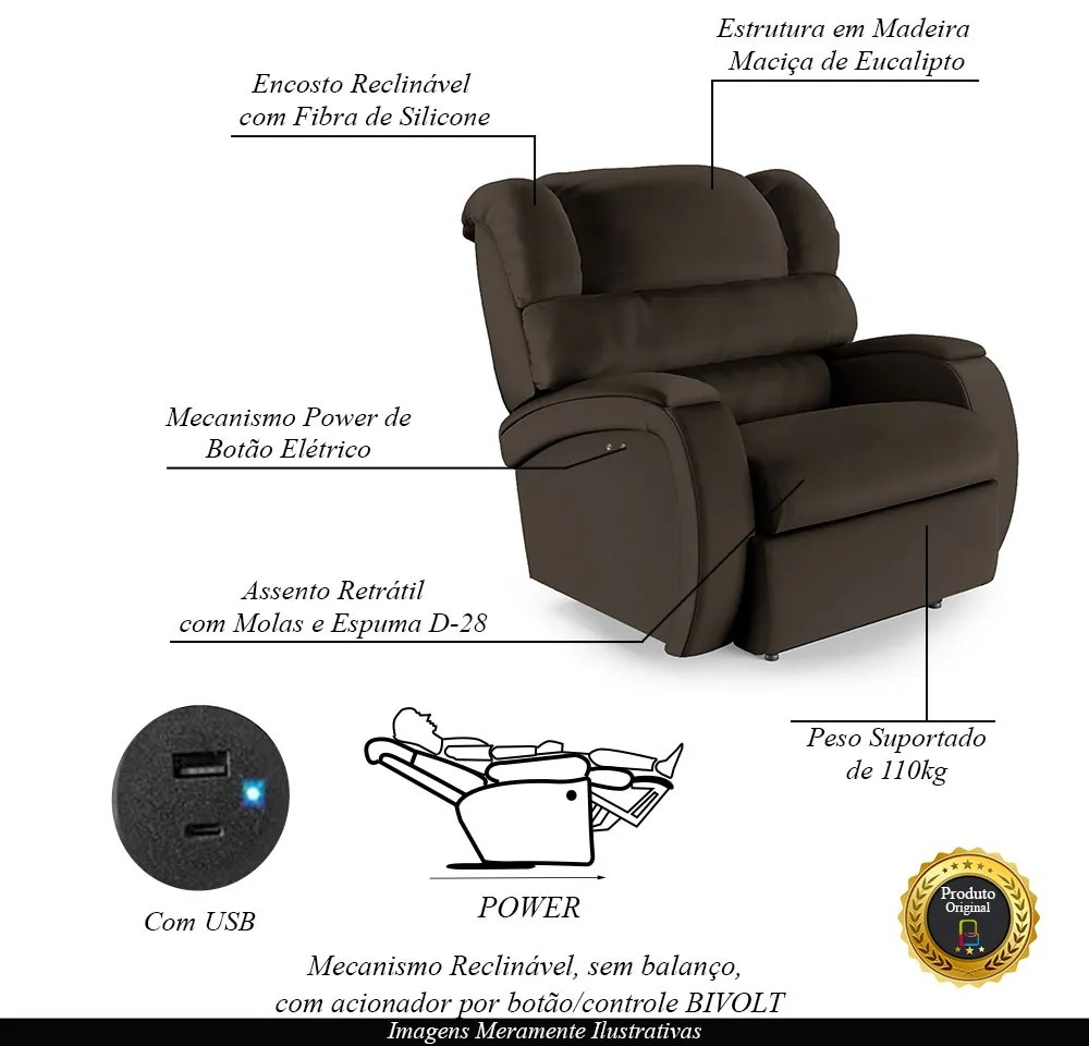 Poltrona do Papai Sala de Cinema Reclinável Kylie Power Touch USB PU Marrom G23