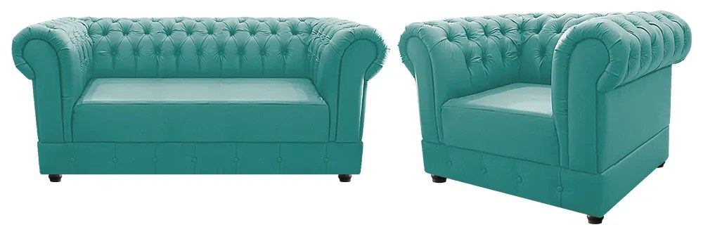 Kit Poltrona e Namoradeira Chesterfield Ana Suede Azul Tiffany - ADJ Decor