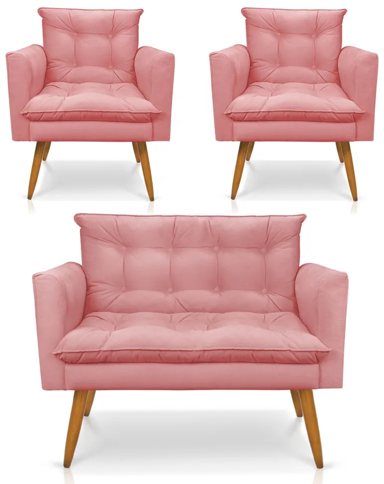 Kit 1 Sofá Namoradeira e 2 Poltronas Tais Suede Pés Palito Castanho - D'Rossi - Rose