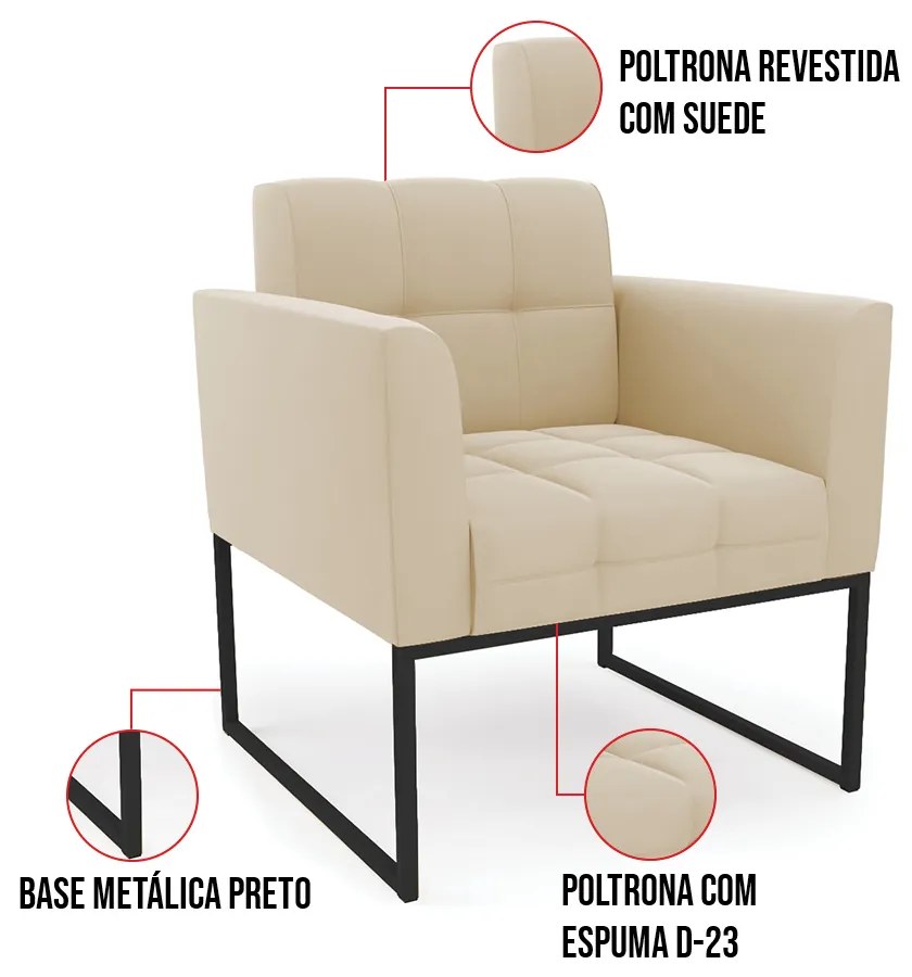 Kit 1 Sofá Namoradeira e 2 Poltronas Elisa Suede Base Metálica Industrial Preto D03 - D'Rossi - Bege
