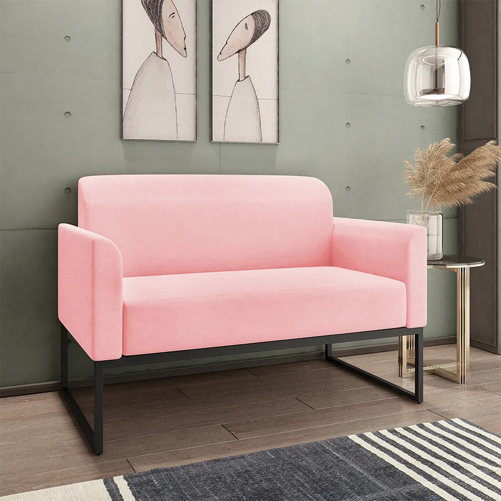 Conjunto Namoradeira e Poltrona Decorativa Isabella Base Industrial Suede Rosa Bebê/Preto G19 - Gran Belo