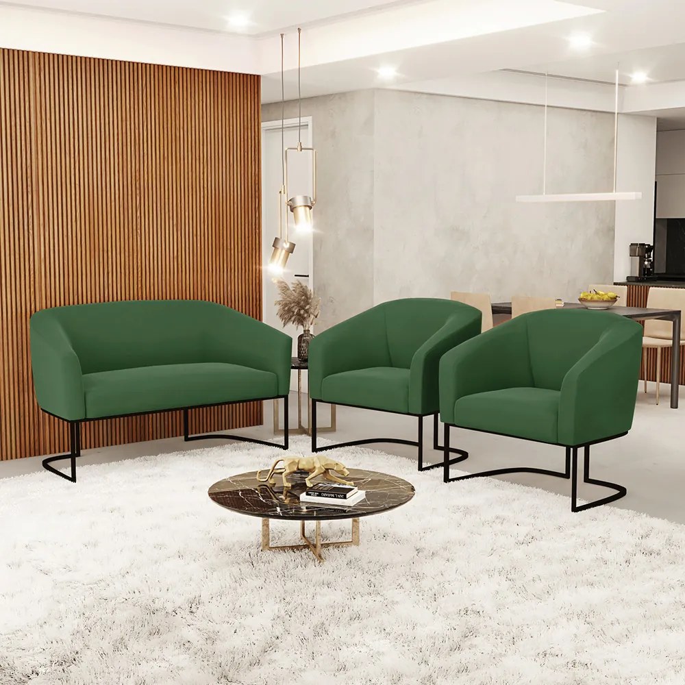 Namoradeira e 2 Poltronas Industrial Preto Stella Suede D03 - D'Rossi - Verde