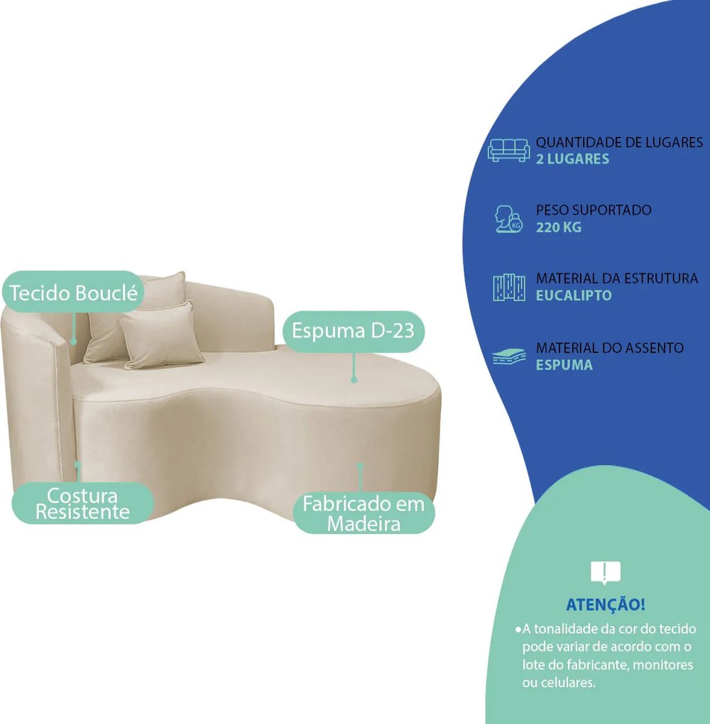 Kit Recamier Curvo Sala de Estar Inglaterra 150cm Lado Direito e 2 Poltronas Orgânica Luxo Luiza Max Bouclé