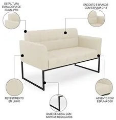 Sofá Namoradeira e 2 Poltronas Base Industrial Preto Ana Linho Bege -