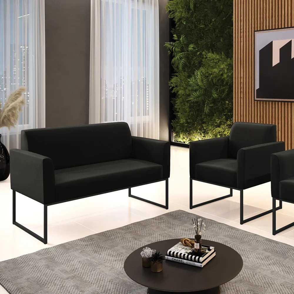 Sofá Namoradeira com Poltrona Base Industrial Preto Marisa Suede D03 - D'Rossi - Preto