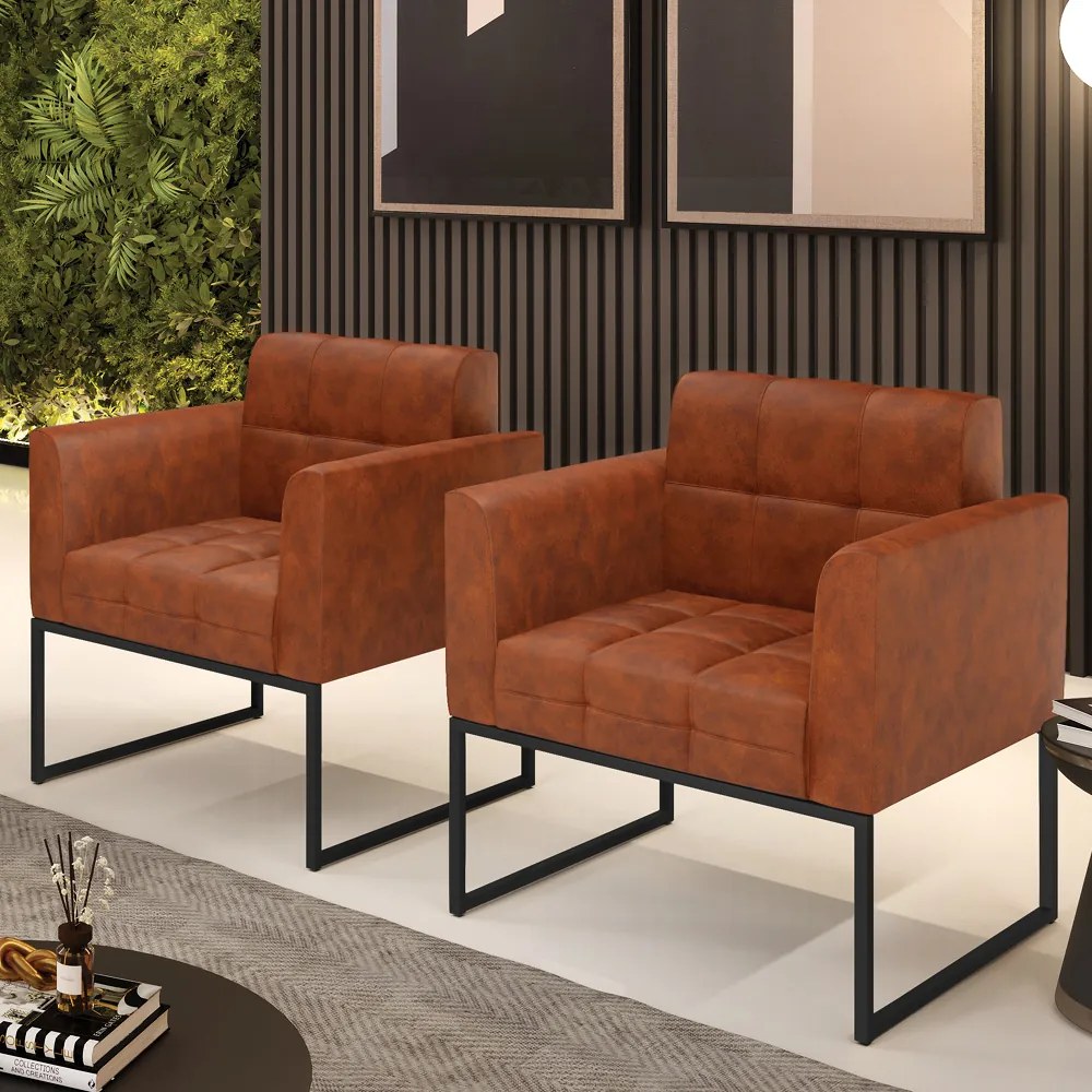 Poltrona Sala Decorativa Kit 2 Elisa Industrial Preto Sintético Pu D03 - D'Rossi - Nozes