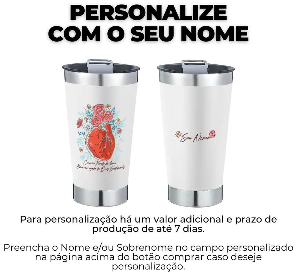 Copo Térmico Coração Florido de Amor Cerveja Café em Inox Com Tampa e Abridor Chopp