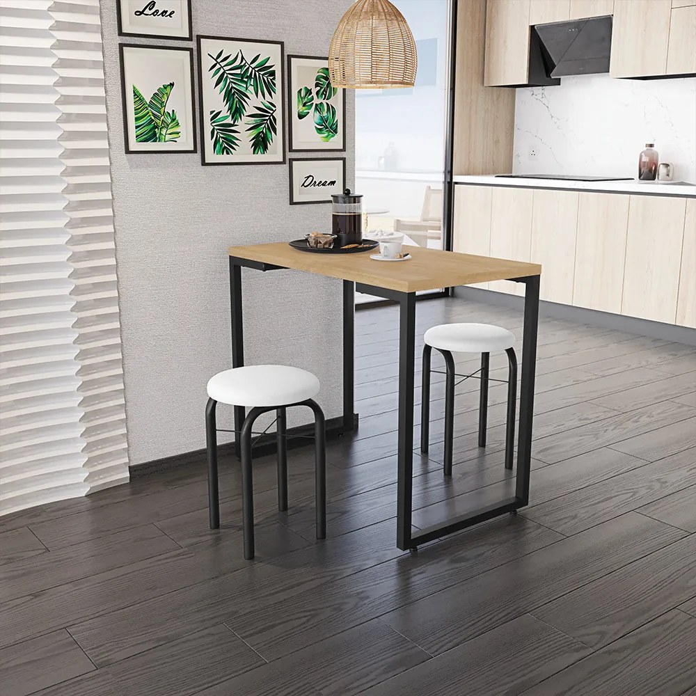 Mesa Multiuso Porto Natural 90cm com 02 Banquetas Manu Corino Branco - D'Rossi