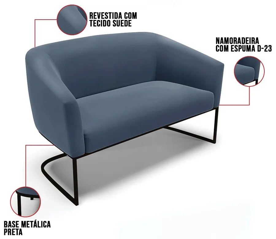 Sofá 2 Lugares Namoradeira Industrial Preto Stella Suede Azul Marinho D03 - D'Rossi
