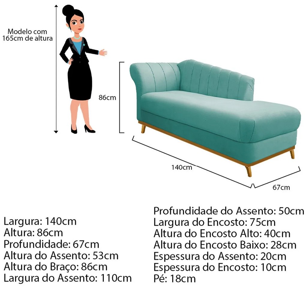 Recamier Vanessa 140cm Lado Esquerdo Suede Azul Tiffany- ADJ Decor
