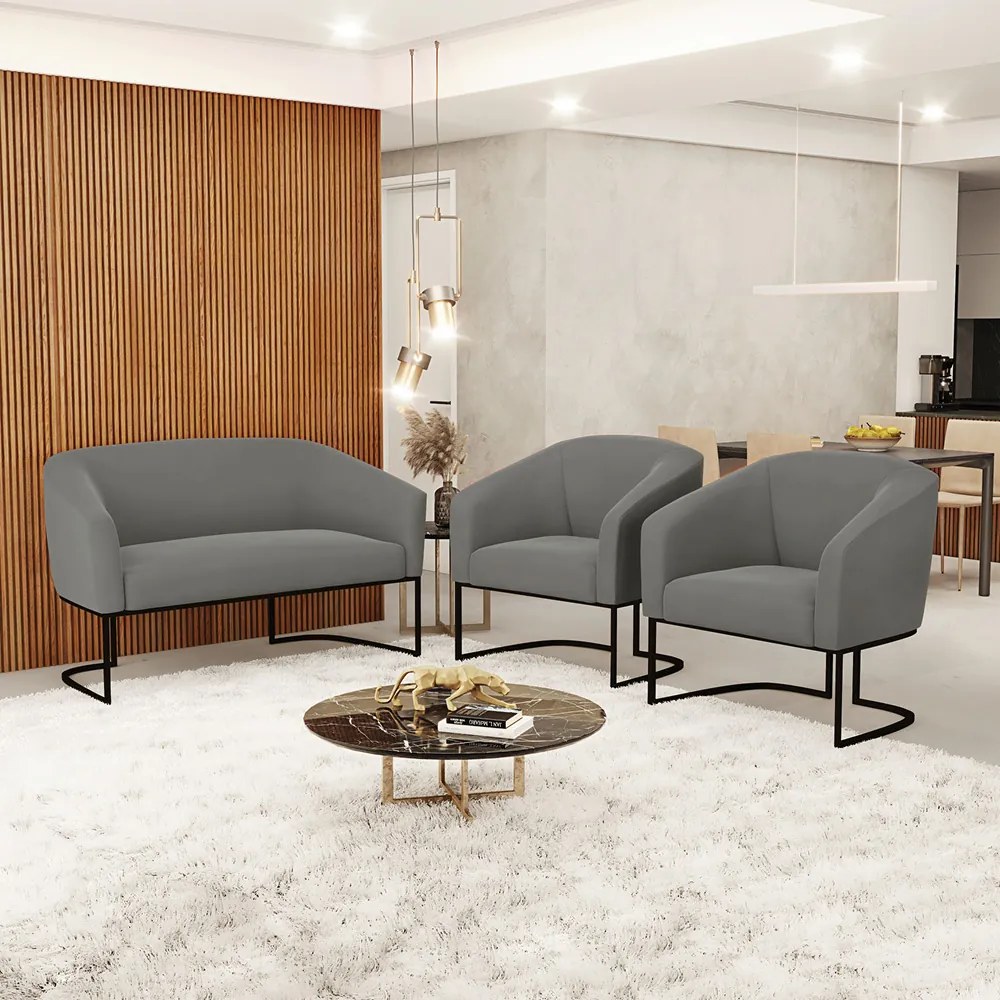 Namoradeira e 2 Poltronas Industrial Preto Stella Suede D03 - D'Rossi - Grafite