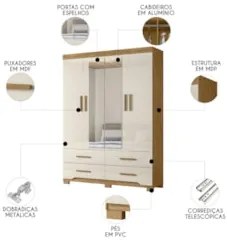 Guarda Roupa Casal 160cm Com Espelho Cancum Freijó/Off Z17   - Mpozena