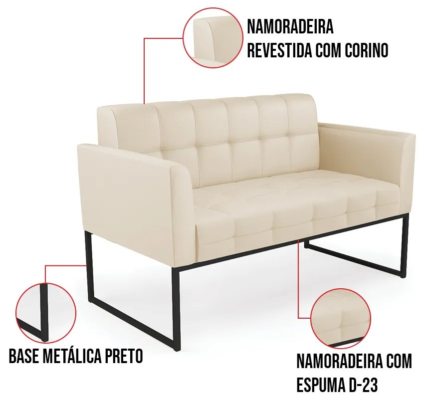 Kit 1 Sofá Namoradeira e 2 Poltronas Elisa Corino Base Metálica Industrial Preto D03 - D'Rossi - Bege