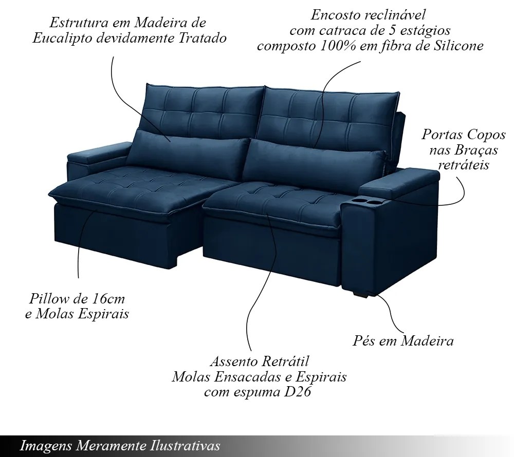 Sofá Retrátil e Reclinável 4 Lugares 250cm Robem Porta Copos no Braço Veludo Azul G22 - Gran Belo