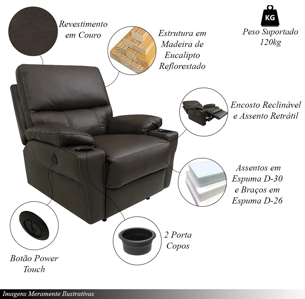Poltrona do Papai Sala de Cinema Reclinável Mia Power Elétrico Base Fixa Couro Marrom Capuccino G40 - Gran Belo