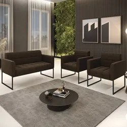 Sofá Namoradeira e 2 Poltronas Base Industrial Preto Ana Suede Marrom