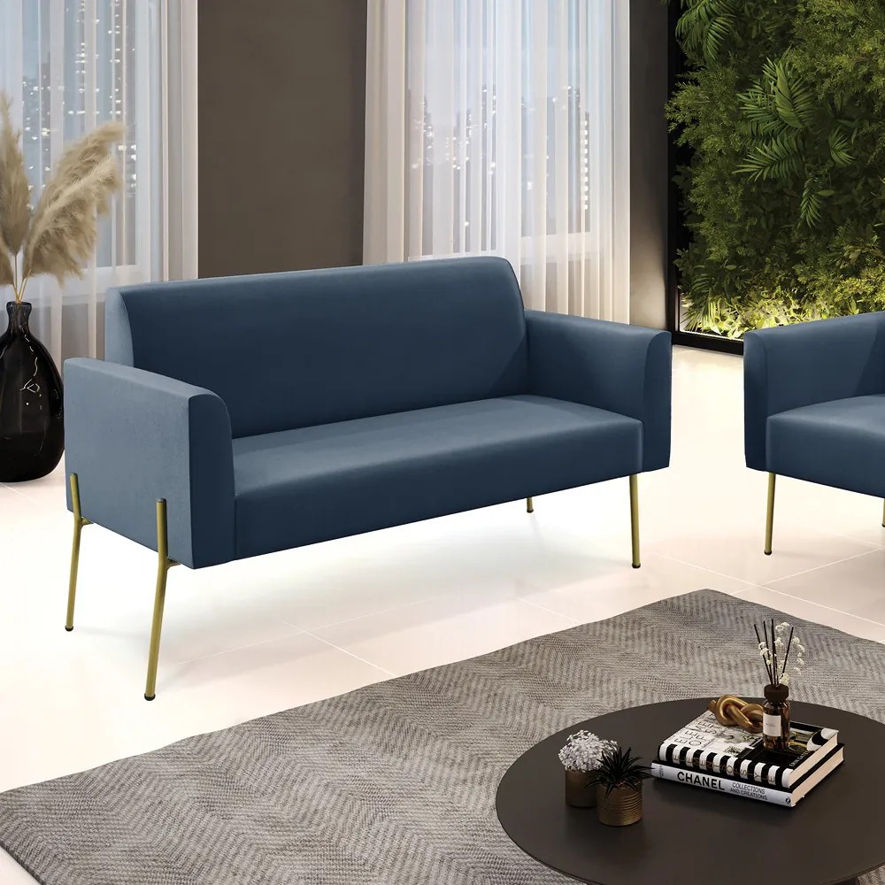 Sofá Namoradeira 2 Lugares Pé de Ferro Dourado Marisa Suede D03 - D'Rossi - Azul Marinho