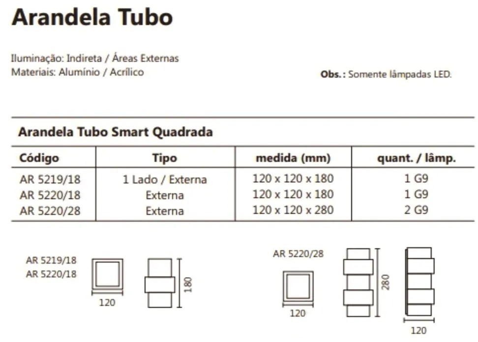 Arandela Smart Tubo Quadrado Facho Duplo 12X12X18Cm 1Xg9 | Usina 5220/... (BT - Branco Texturizado)