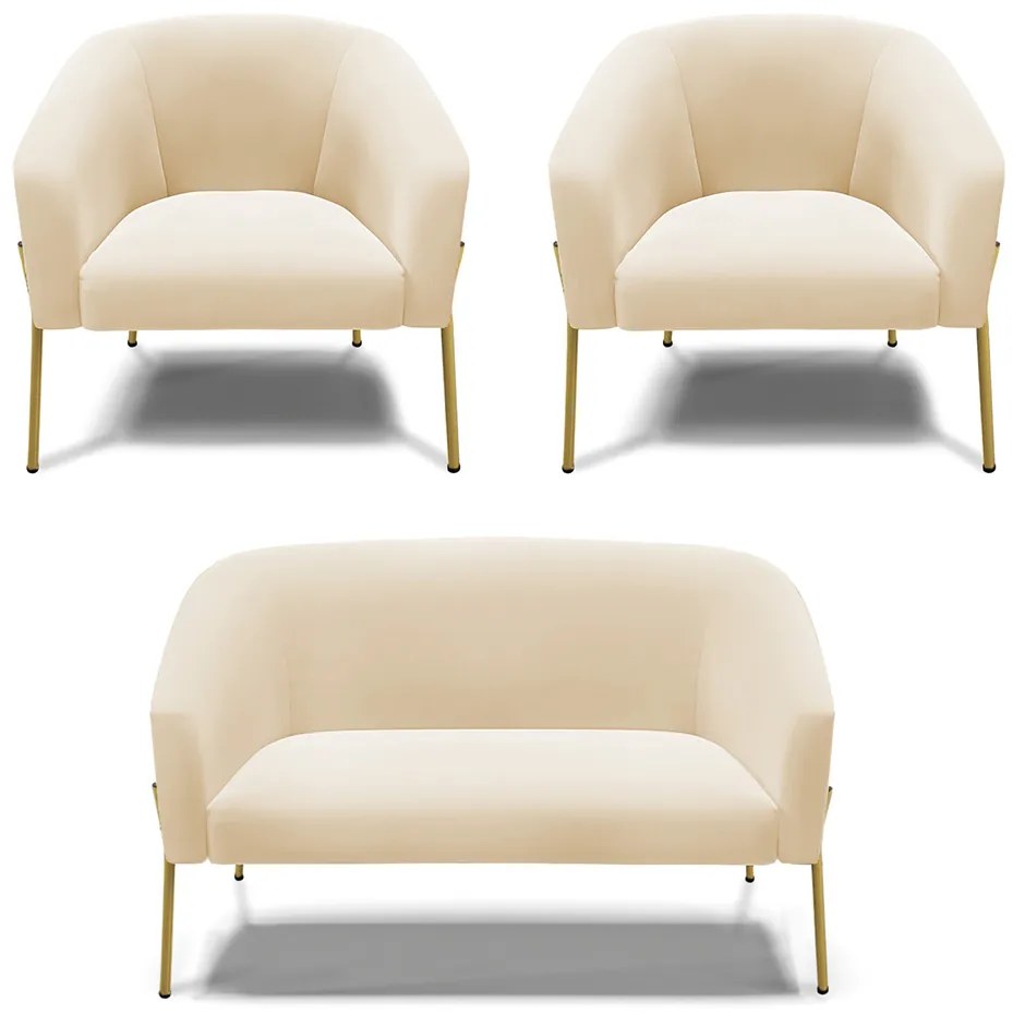 Namoradeira e 2 Poltronas Pé de Ferro Dourado Stella Suede D03 - D'Rossi - Bege