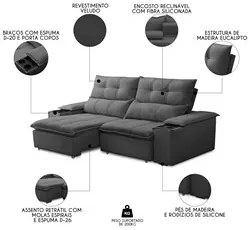 Sofá Retrátil 3 Lugares com Porta Copo 210cm Malta F05 Veludo Grafite