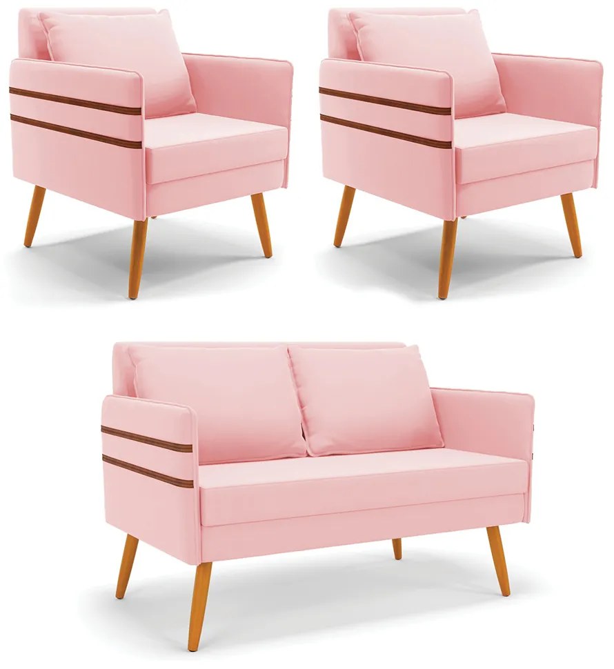 Kit 01 Namoradeira 02 Lugares e 02 Poltronas Mari Suede Pés Palito Castanho - D'Rossi - Rosa Bebê