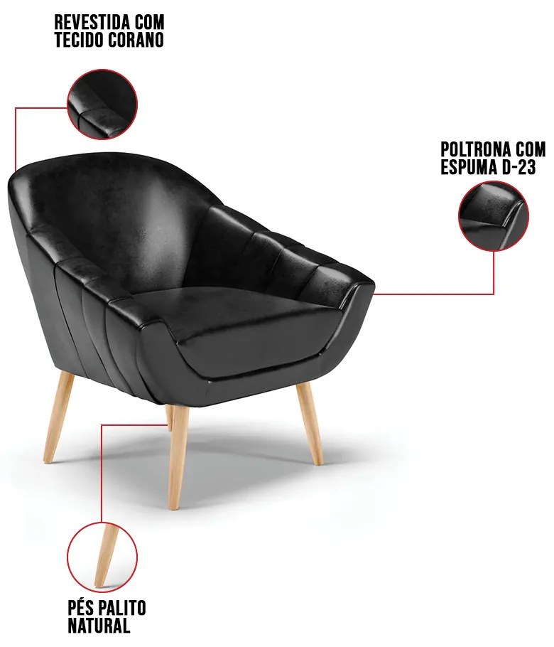 Kit 01 Namoradeira 02 Lugares e 02 Poltronas Giovana Corano Pés Palito Natural D03 - D'Rossi - Preto