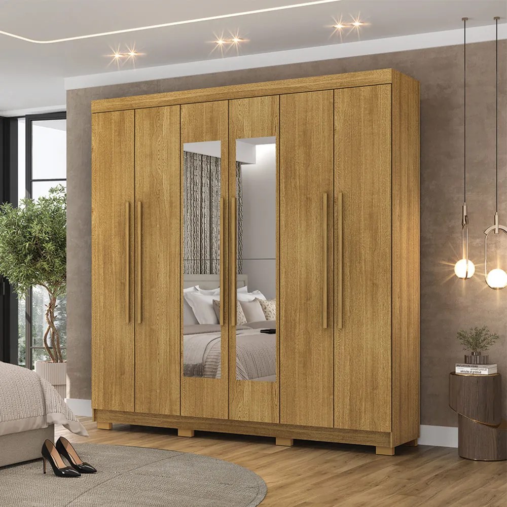 Guarda Roupa Casal Doral 6 Portas de Bater 2 com Espelhos 2 Gavetas Nature G98 - Gran Belo