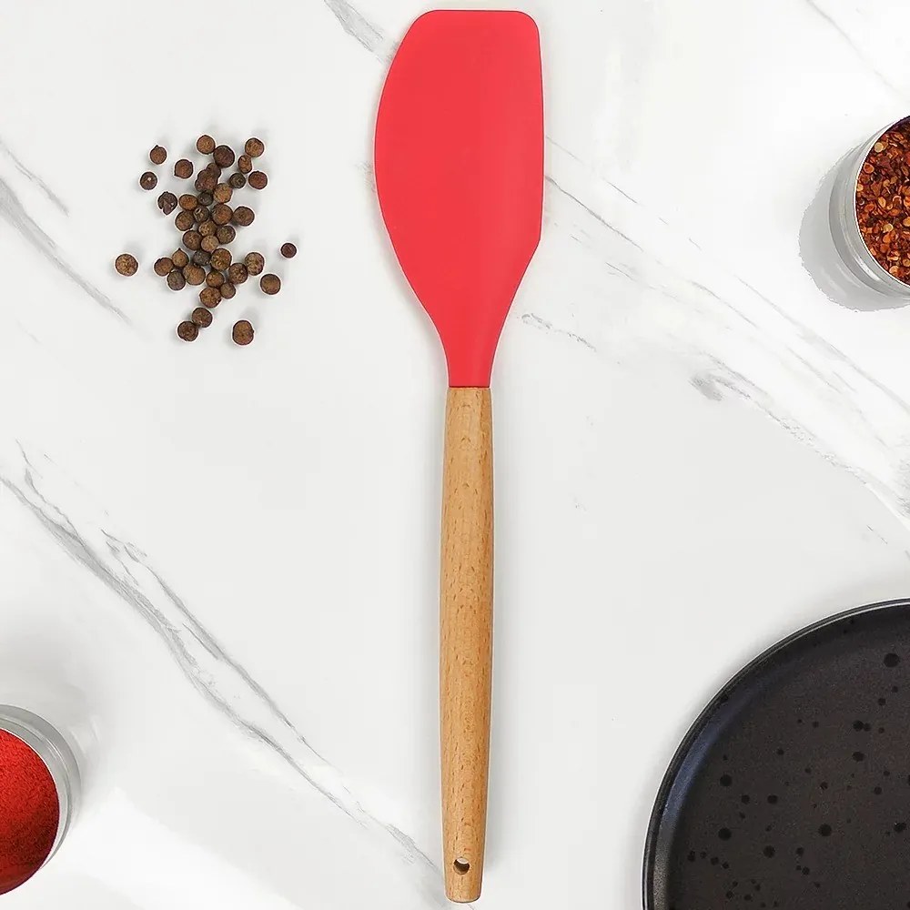 Espátula Reta De Silicone Com Cabo De Madeira - Vermelho
