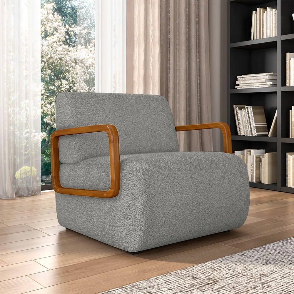 Kit 2 Poltronas Decorativa Sala de Estar Odessa Braços em Madeira Bouclê Cinza G33 - Gran Belo