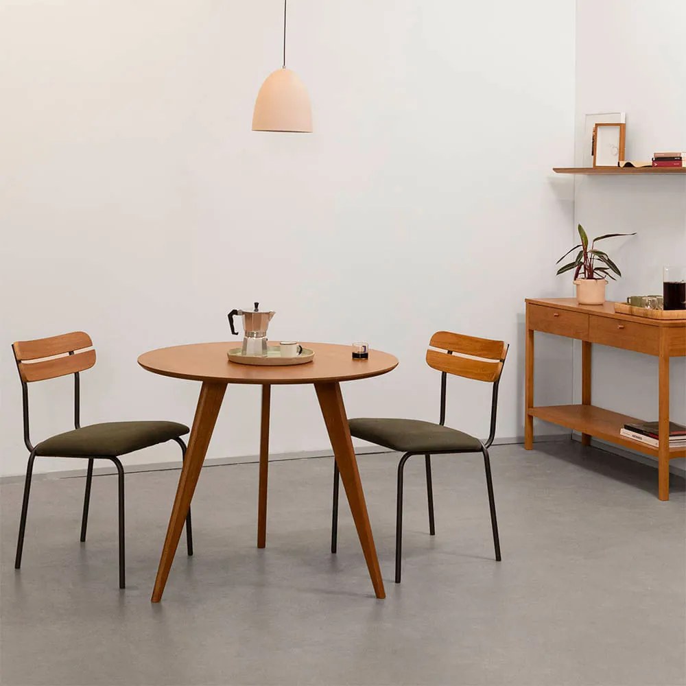 Conjunto Mesa Jantar Square Tripé Redonda Louro Freijó - 88cm + 2 Cadeiras Ribs Sarja - Verde Oliva