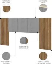 Cabeceira Casal Queen 268cm Com LED Cleo Linho Cinza V02 - Mpozenato