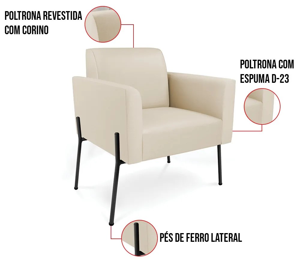 Poltrona Pé de Ferro Preto Kit 2 para Recepção Marisa Corino D03 - D'Rossi - Bege