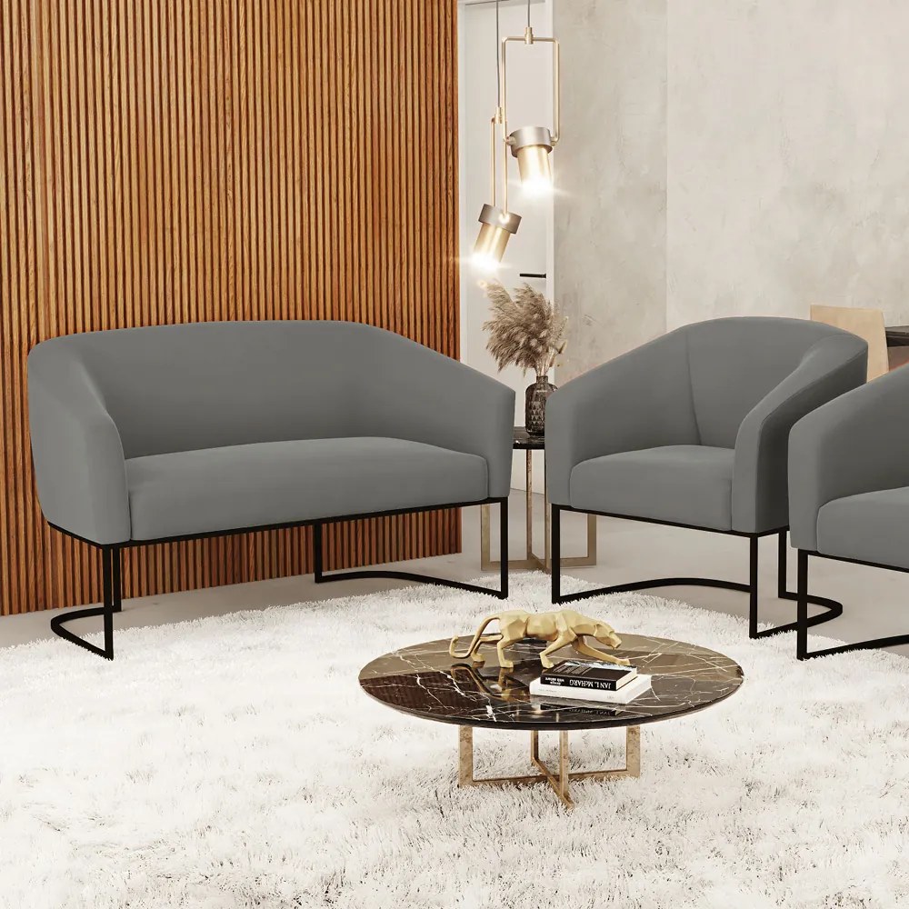 Sofá Namoradeira e Poltrona Base Industrial Preto Stella Suede D03 - D'Rossi - Grafite