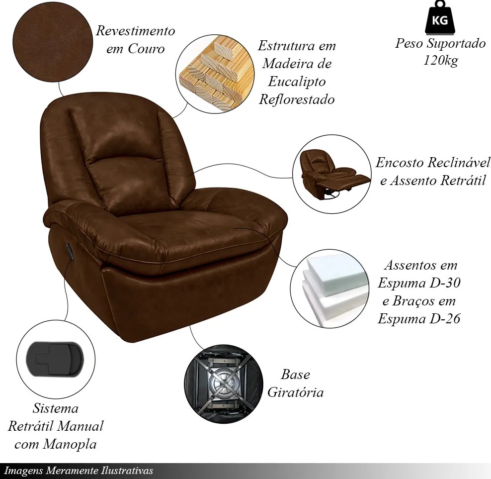 Poltrona do Papai Sala de Cinema Reclinável Carrie Manual Glider Giratória Couro Manchado Marrom Chocolate G40 - Gran Belo
